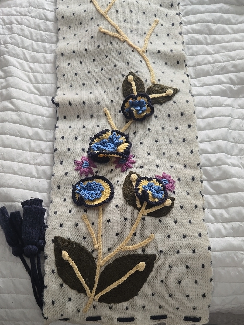 Cream Knit Scarf Blue Floral Embroidery  wool-blend scarf  Anthropologie Tassels
